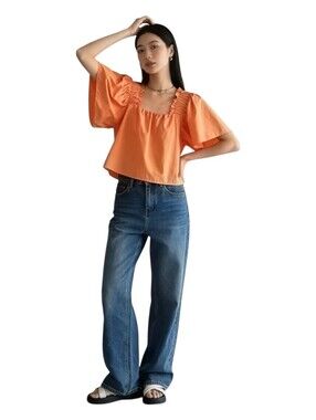 ZARA Women's Top Blouse Orange Puff Sleeve Cotton Boho Cropped MEDIUM